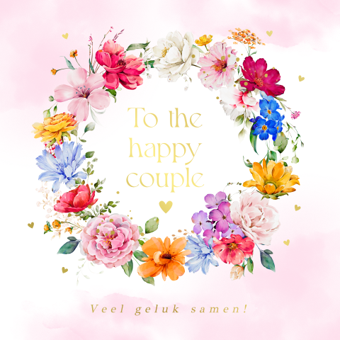 Felicitatiekaart geregistreerd partnerschap bloemen roze goudfolie