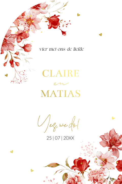 Trouwkaart boog wit watercolour bloemen rood goudfolie