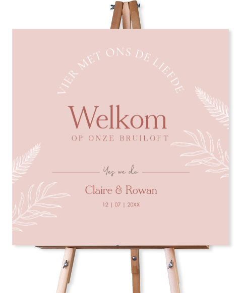 Bruiloftsbord roze modern typografie floral bladeren 70x70 cm