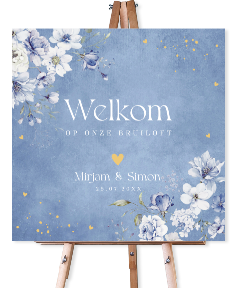 Bruiloftsbord bloemen blauw watercolour romantisch