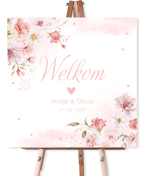 Bruiloftsbord roze watercolour bloemen trouw icoontjes