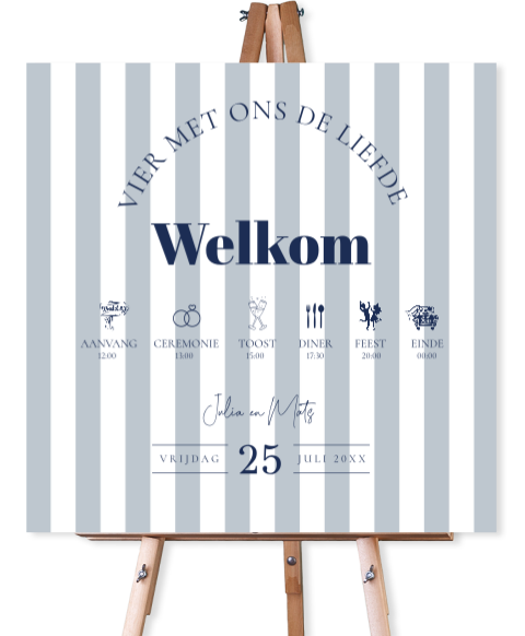 Bruiloftsbord strepen blauw welkom bruiloft icoontjes 70x70 cm