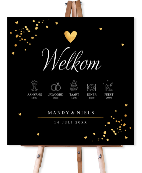 Bruiloftsbord zwart goudlook icoontjes programma 70x70 cm