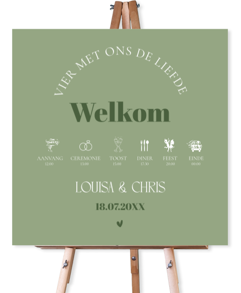 Bruiloftsbord olijfgroen welkom bruiloft icoontjes 70x70 cm