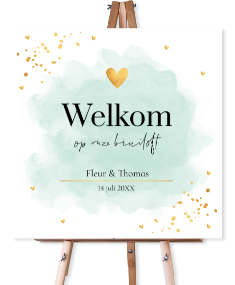 Bruiloftsbord groen waterverf goudlook welkom op onze bruiloft