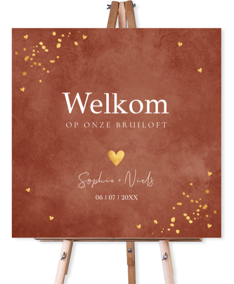 Bruiloftsbord roestbruin goudlook hartjes