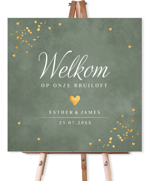 Bruiloftsbord groen goudlook hartjes 70x70 cm