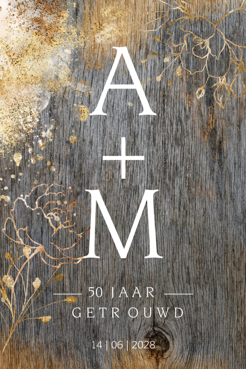 Uitnodiging huwelijksjubileum met houtlook ondergrond en goud
