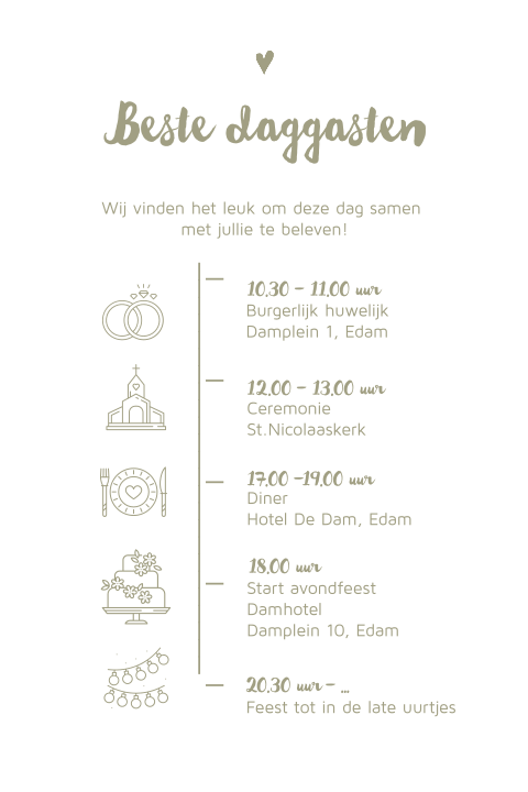 Rustige dagprogramma kaart details voor trouwdag