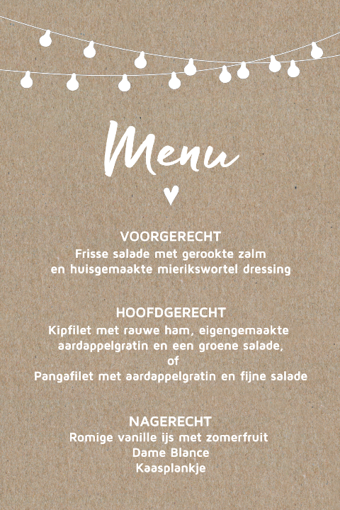 Festival lampjes menukaart trouwen op kraft papier