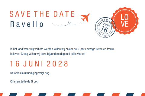 Moderne air post save the date kaart