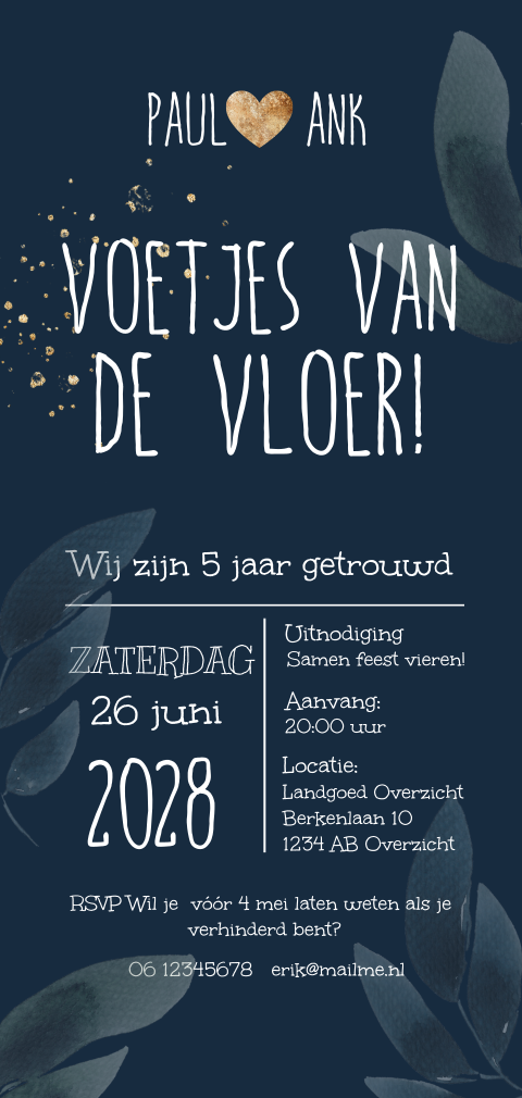 Trendy donkerblauwe 5 jubileum uitnodiging
