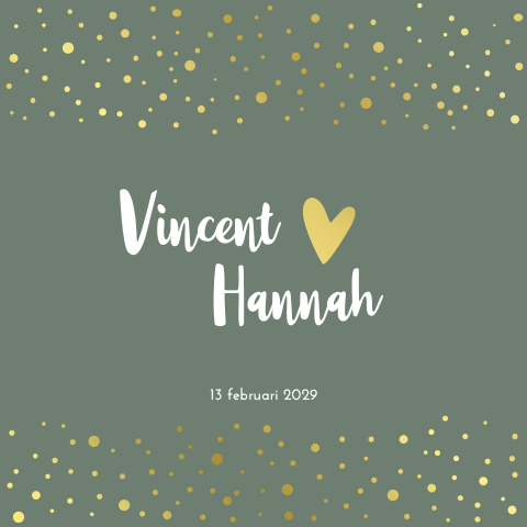 Groene bruiloft trouwkaart goudfolie confetti dots en hartjes