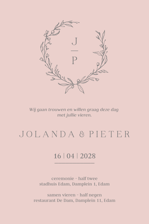 Modern clean enkele trouwkaart dusty pink zelf maken