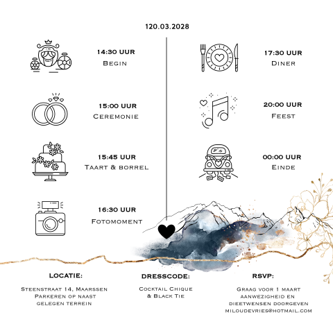Mountain winter programma kaart icoontjes trouwkaart