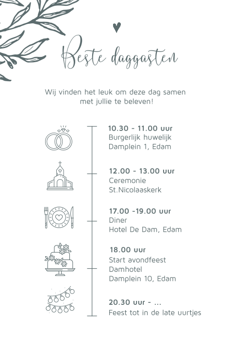 Hippe dagprogramma kaart details voor trouwdag