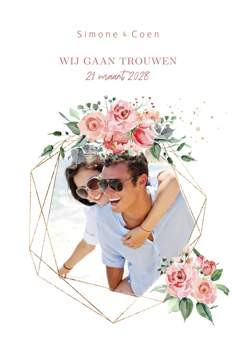Industrial romance save the date kaart roze bloemen
