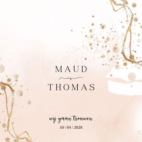 Moderne trouwkaart roze goud look spetters