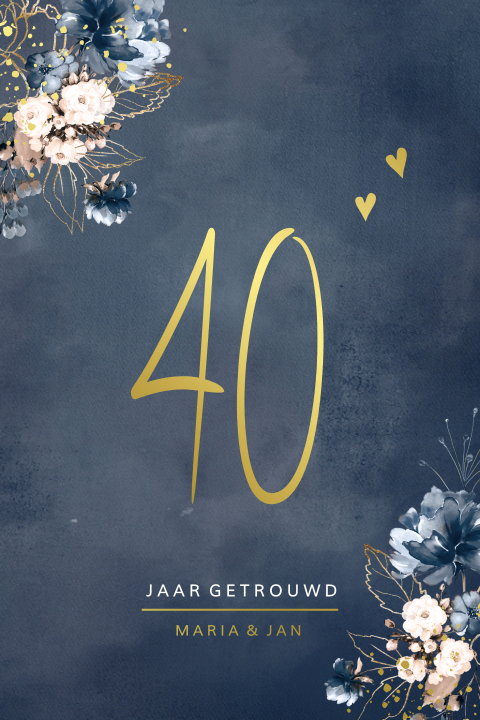 40 jaar getrouwd uitnodiging donkerblauw watercolor en goudfolie