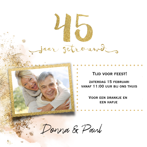 Watercolor 45 huwelijksjubileumkaart glitter goud look