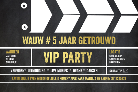 Uitnodiging 25 jaar getrouwd movie ticket themafilm klapper scene bord