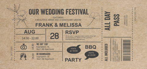 Trouwkaart ticket festival - kraft look met veldbloem