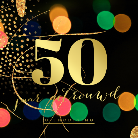 Uitnodiging 50 jubileum confetti lichtjes en goud spetters