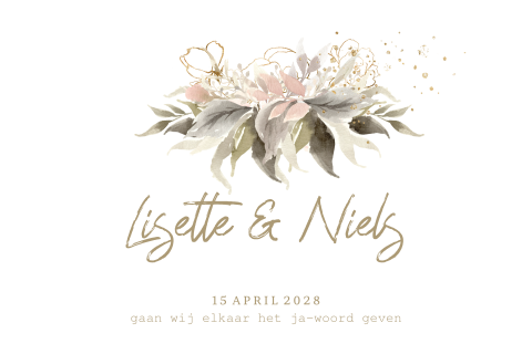 Soft boho trouwkaart aquarel blad boeket