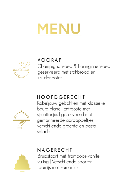 Luxe menukaart met goudfolie icoontjes en tekst