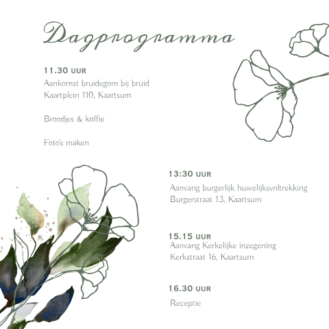 Watercolor greenery leaves programmakaart trouwkaart