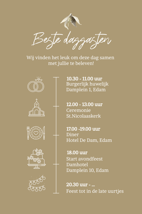 Dagprogramma kaart details voor trouwdag