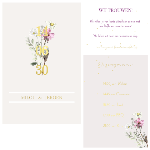 Trendy trouwkaart in 3 delen met insteekkaartjes wilde bloemen