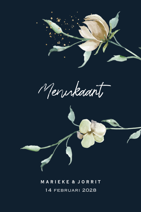 Donkerblauwe menukaart met witte bloemen