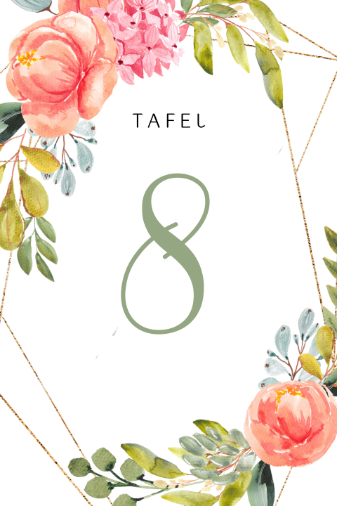 Tafelnummer kaart  bonte bloemen watercolor trouwen