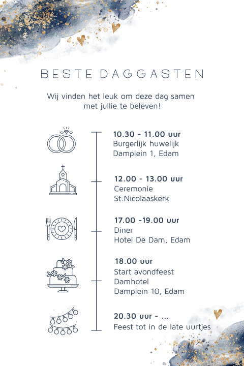 Navy blue dagprogramma kaart details icoon trouwdag