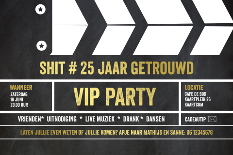 Uitnodiging 25 jaar getrouwd movie ticket themafilm klapper scene bord