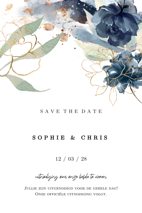 Sunset flowers save the date kaart watercolor blauwe bloemen