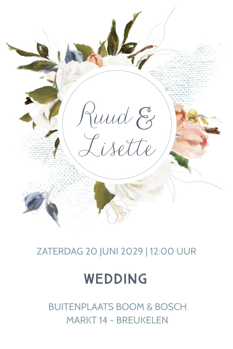 Floral chic trouwkaart met blauwe olieverf bloemen