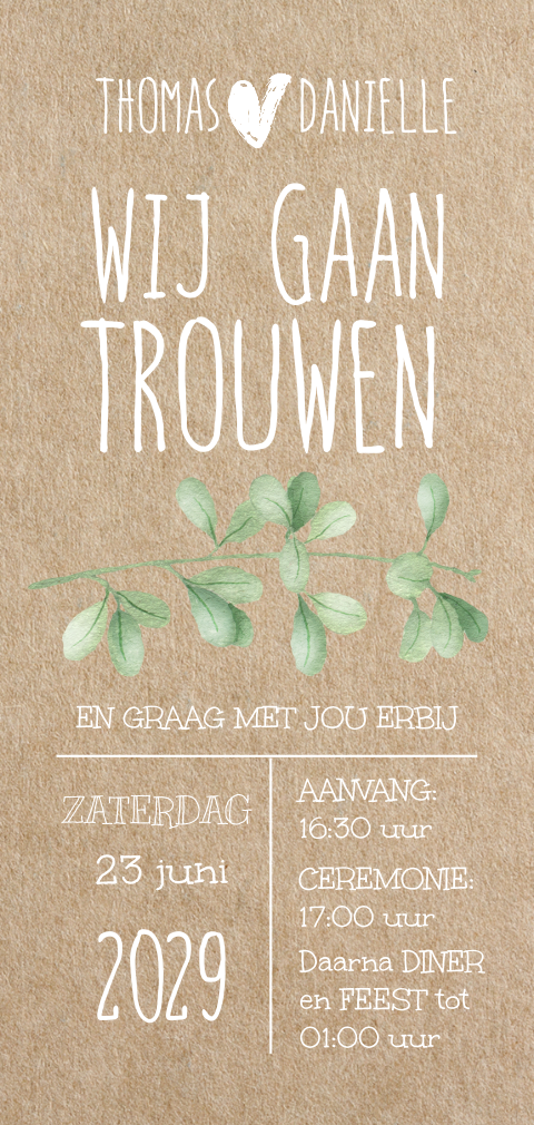 Prachtige kraft look trouwkaart met bladgroen