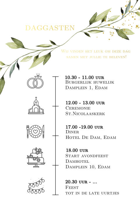 Eucalyptus blad dagprogramma kaart details trouwdag folie