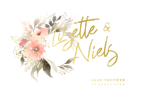 Trouwkaart pastels waterverf bloemen en goudfolie