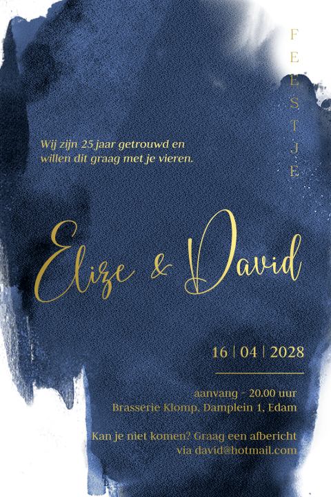Uitnodiging 25 jaar getrouwd navy blue watercolor folie