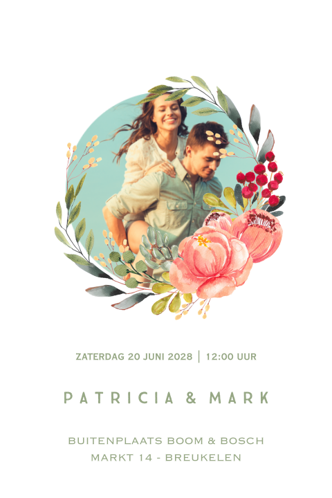 Floral chic trouwkaart bloemenkrans in vrolijke kleuren