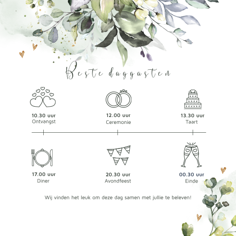 Botanische blad dagprogramma kaart details voor trouwdag