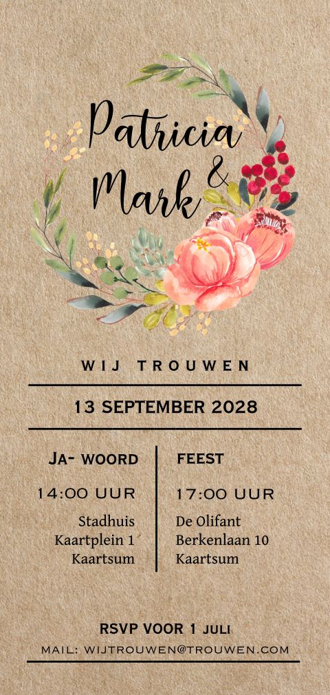 Romantische kraft look trouwkaart waterverf bloemen krans