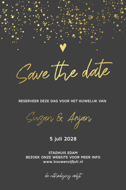 Sprankelend save the date met écht goud foliedruk
