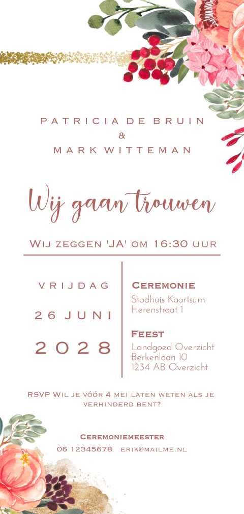 Flower chic aquarel bloemen trouwkaart met goud look lijn