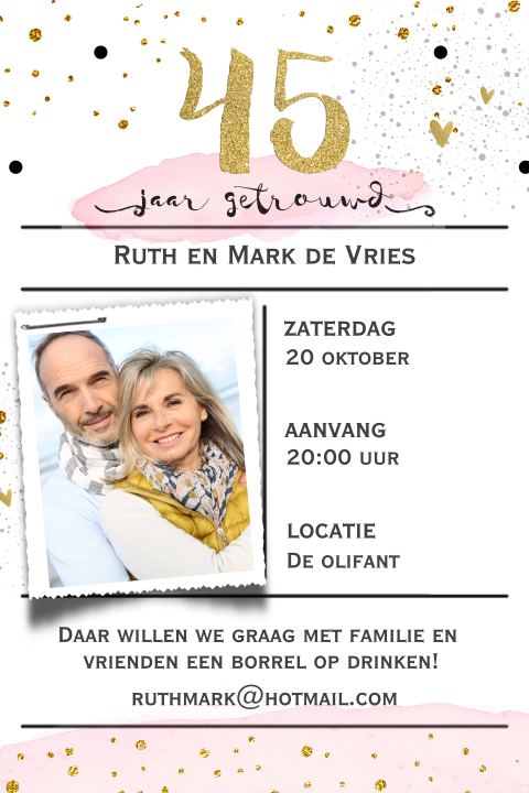 Hippe watercolor uitnodiging 45 jaar getrouwd