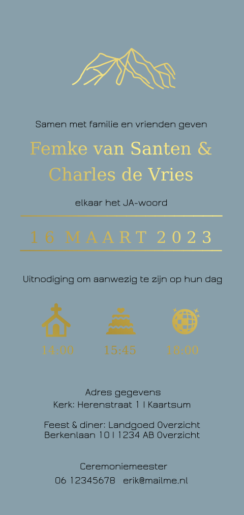 Unieke trouwkaart met berg illustratie en echt goudfolie