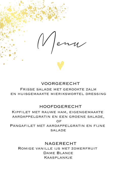 Enkele menukaart trouwen met goudfolie druk snippers